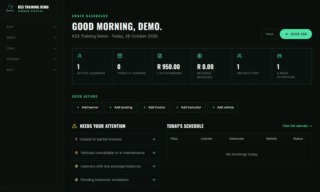Owner dashboard of the demo school, showing active learners, today’s lessons, outstanding invoices, money received, instructors and vehicles, with a list of things that need attention.